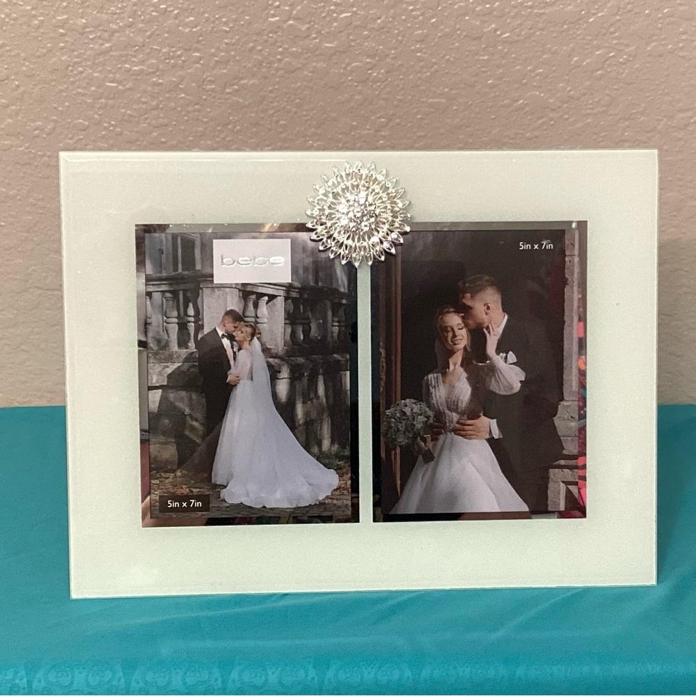 bebe Elegant Double Opening Glass Photo Frame with 3-D Metal & Rhinestone Accent